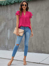 Swiss Dot Notched Cap Sleeve Blouse - Trendsi - Flyclothing LLC