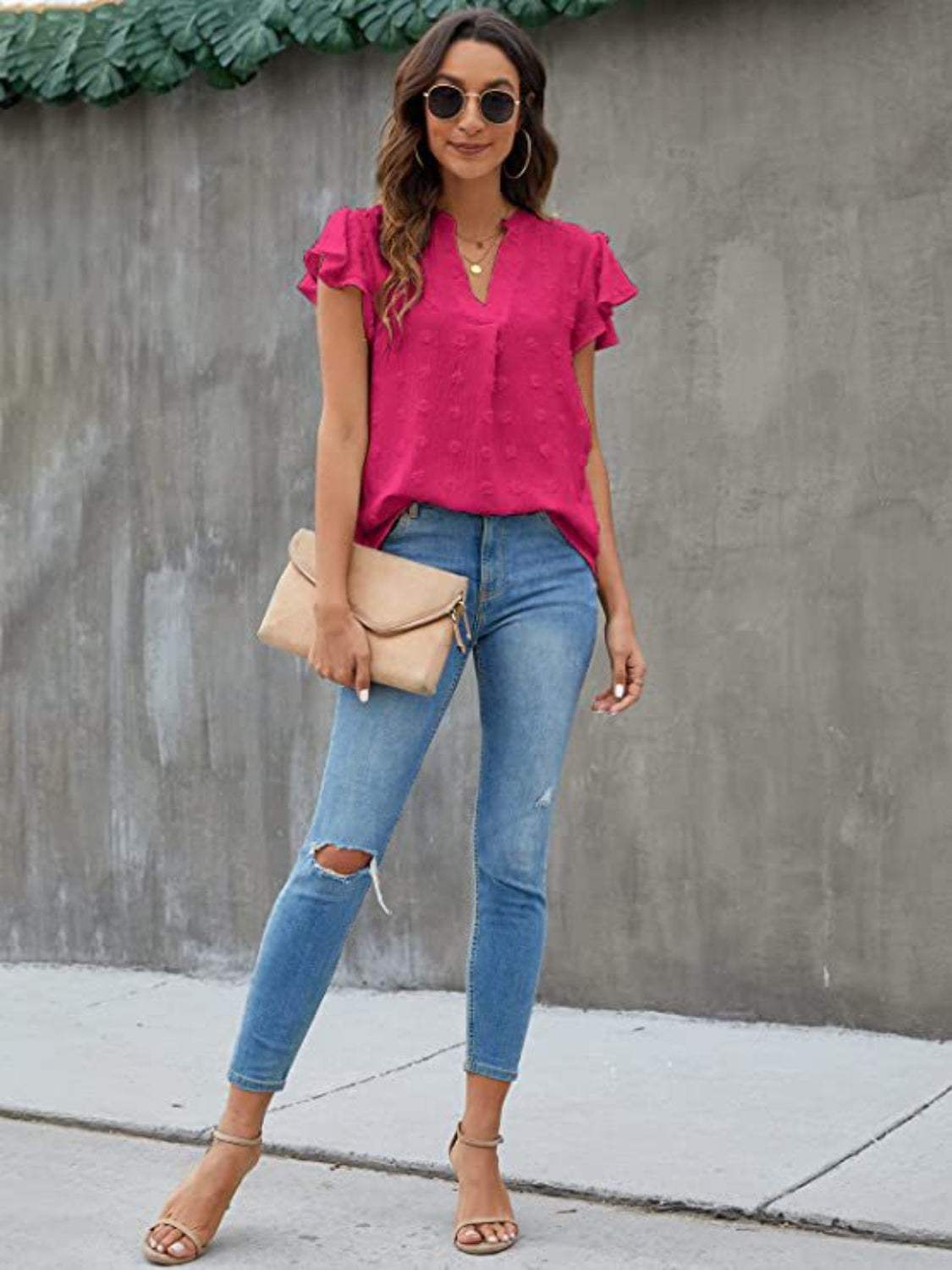 Swiss Dot Notched Cap Sleeve Blouse - Trendsi - Flyclothing LLC