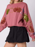 Sequined Pumpkin Halloween Crop Sweatshirt - Trendsi - Flyclothing LLC
