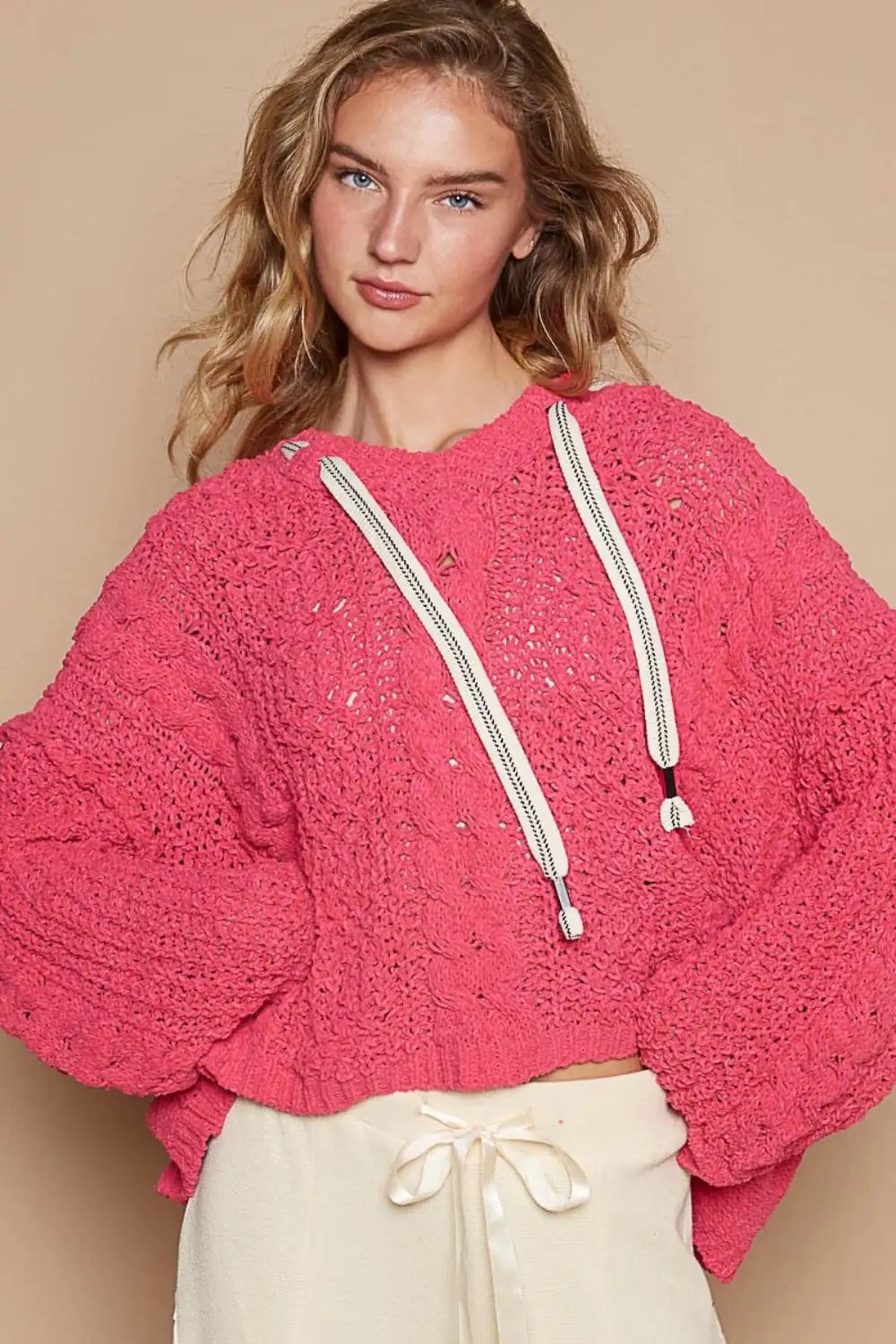 POL Cable Knit Hooded Chenille Sweater - Trendsi