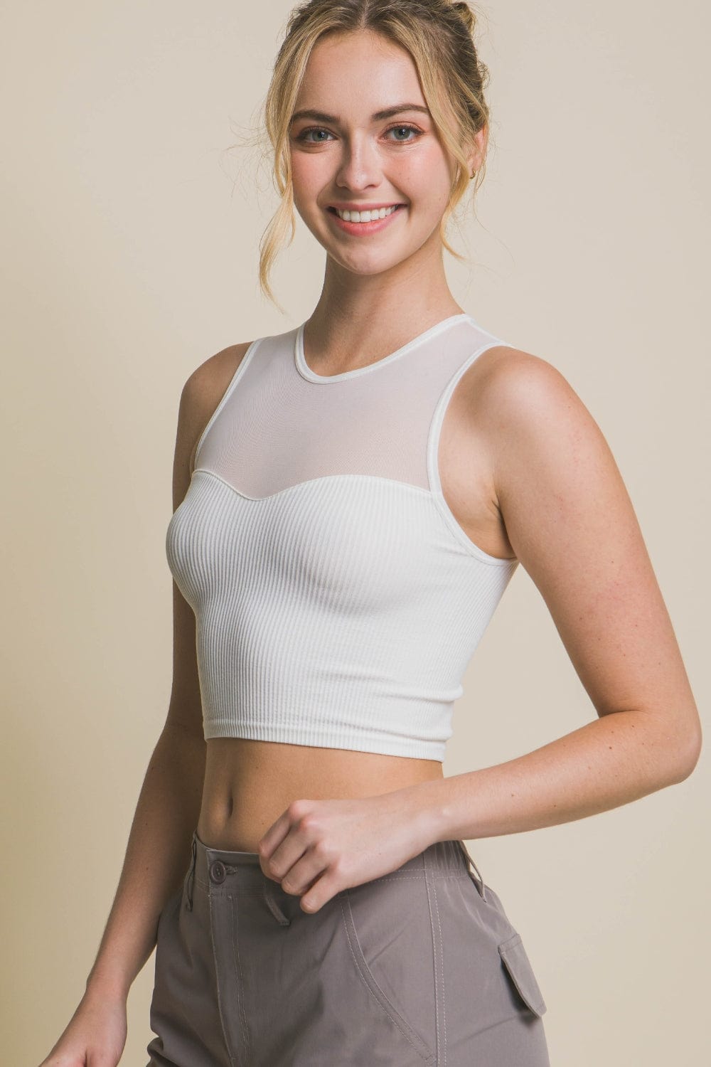 Love Tree Round Neck Ribbed Cropped Mesh Tank - Trendsi