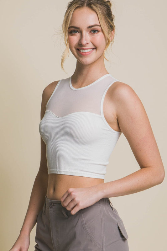 Love Tree Round Neck Ribbed Cropped Mesh Tank - Trendsi