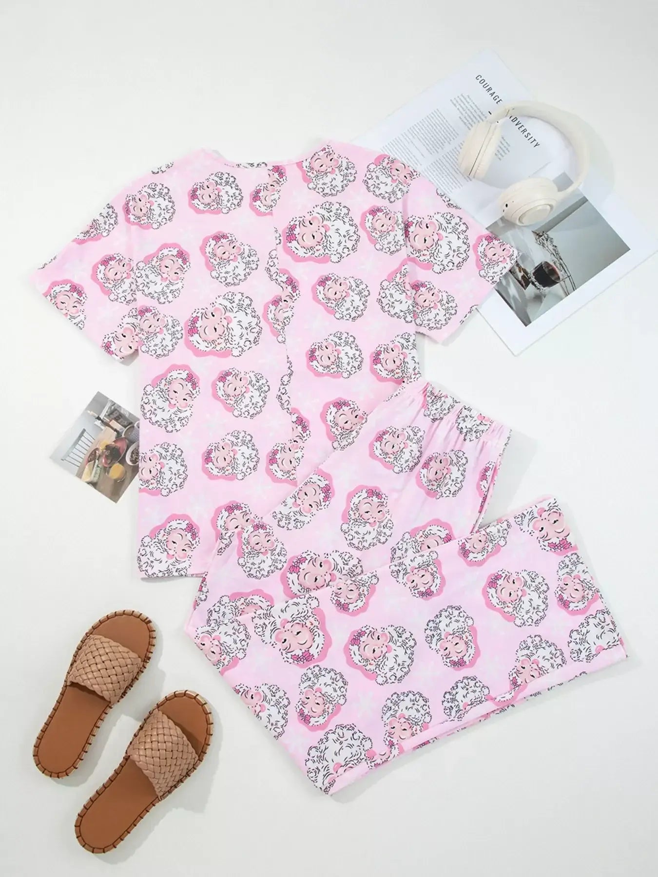 Santa Claus Print V Neck Tee Drawstring Pants 2pcs Lounge Set - Trendsi - Flyclothing LLC