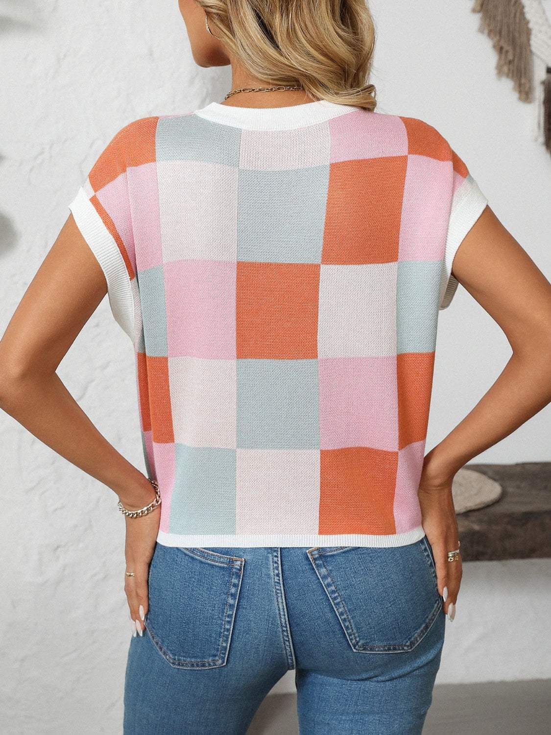Mandy Checkered Round Neck Cap Sleeve Knit Top - Trendsi - Flyclothing LLC