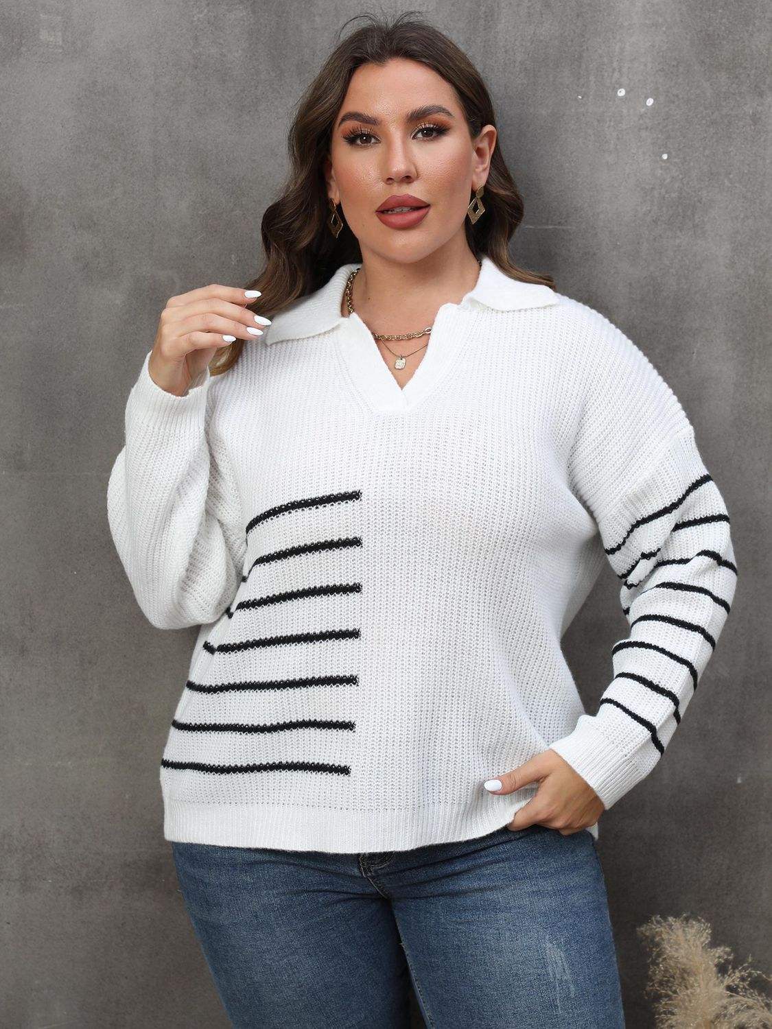 Plus Size Striped V-Neck Sweater - Trendsi - Flyclothing LLC