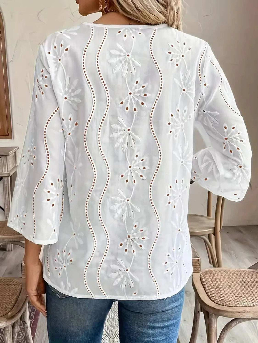 Eyelet Notched 3/4 Sleeve Blouse - Trendsi - Flyclothing LLC