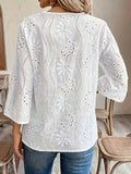 Eyelet Notched 3/4 Sleeve Blouse - Trendsi