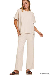 Zenana Slub Short Sleeve T-Shirt and Pants Set - Trendsi - Flyclothing LLC