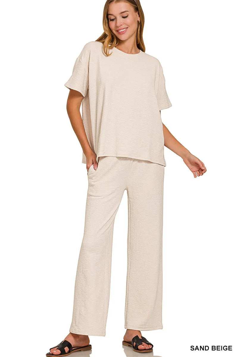 Zenana Slub Short Sleeve T-Shirt and Pants Set - Trendsi - Flyclothing LLC