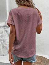 Eyelet V-Neck Short Sleeve Blouse - Trendsi - Flyclothing LLC