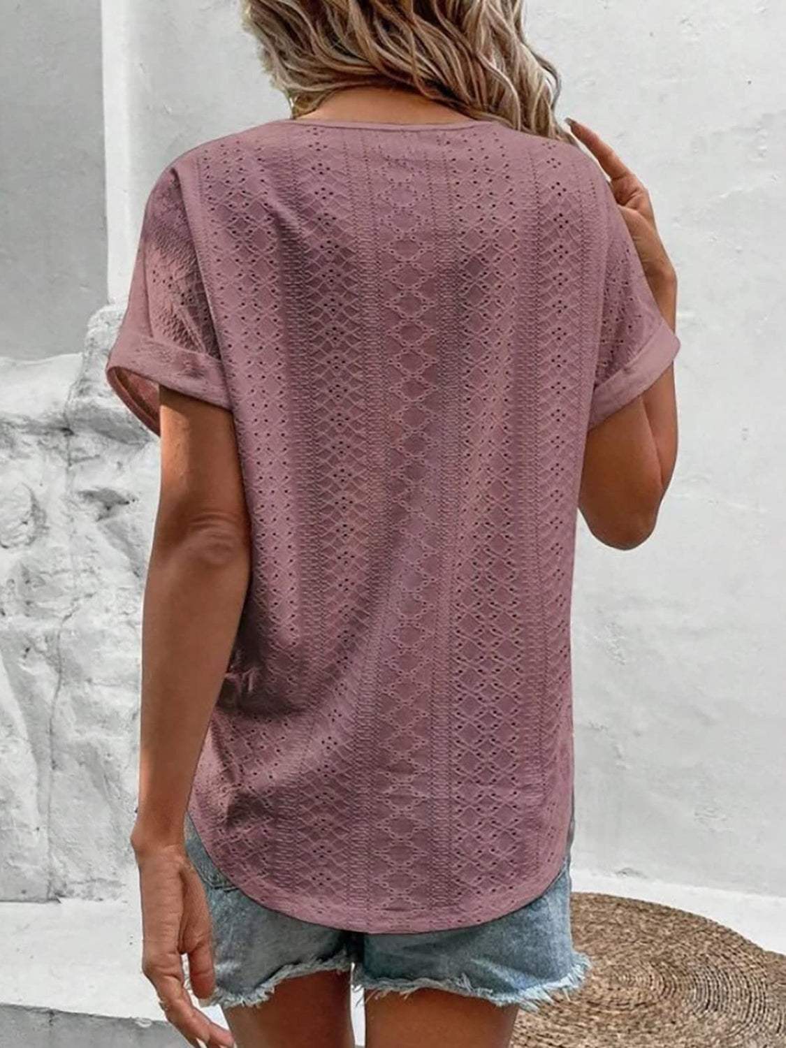 Eyelet V-Neck Short Sleeve Blouse - Trendsi - Flyclothing LLC