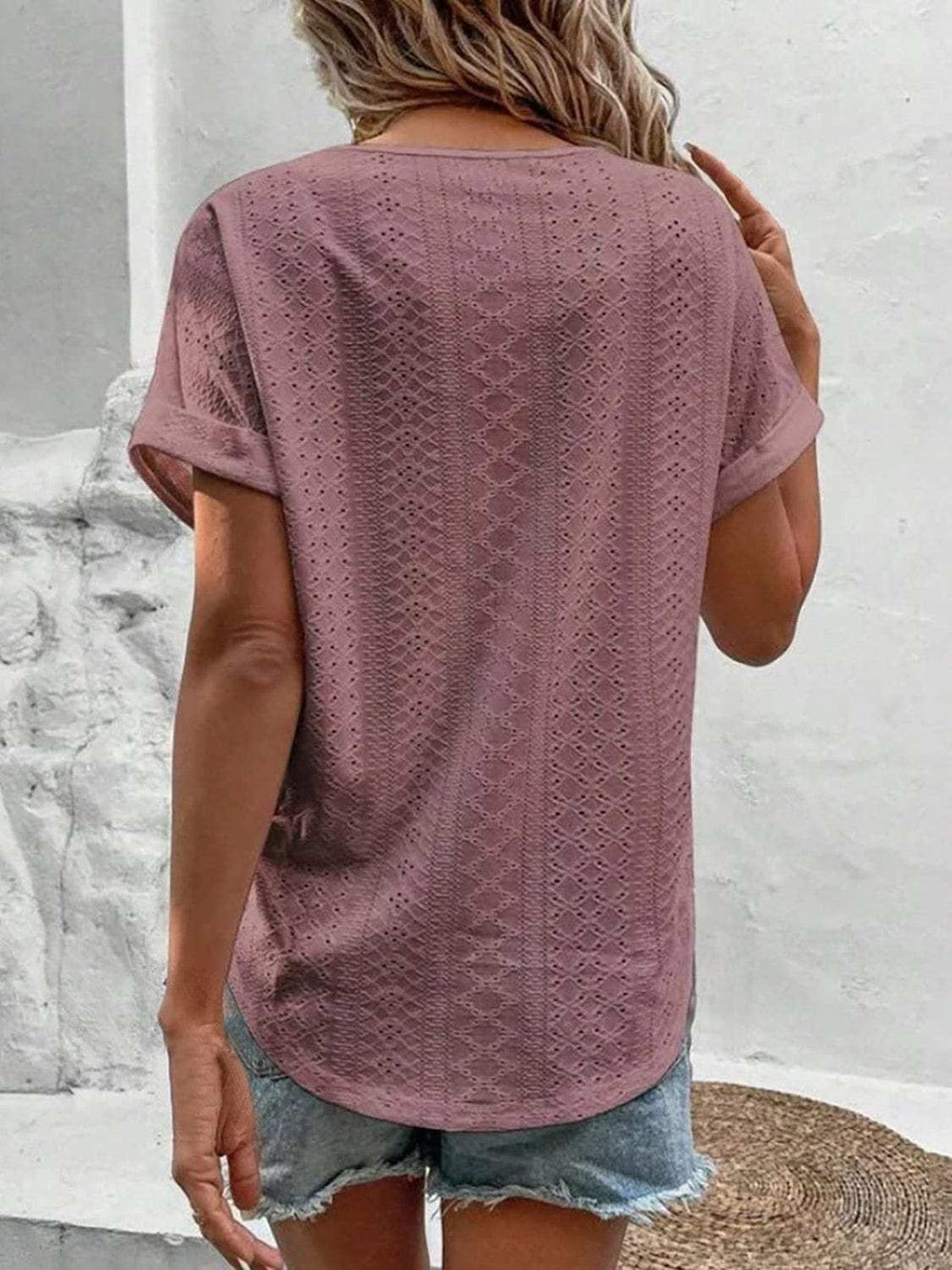 Eyelet V-Neck Short Sleeve Blouse - Trendsi - Flyclothing LLC