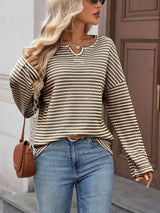 Striped Notched Long Sleeve T-Shirt - Trendsi - Flyclothing LLC