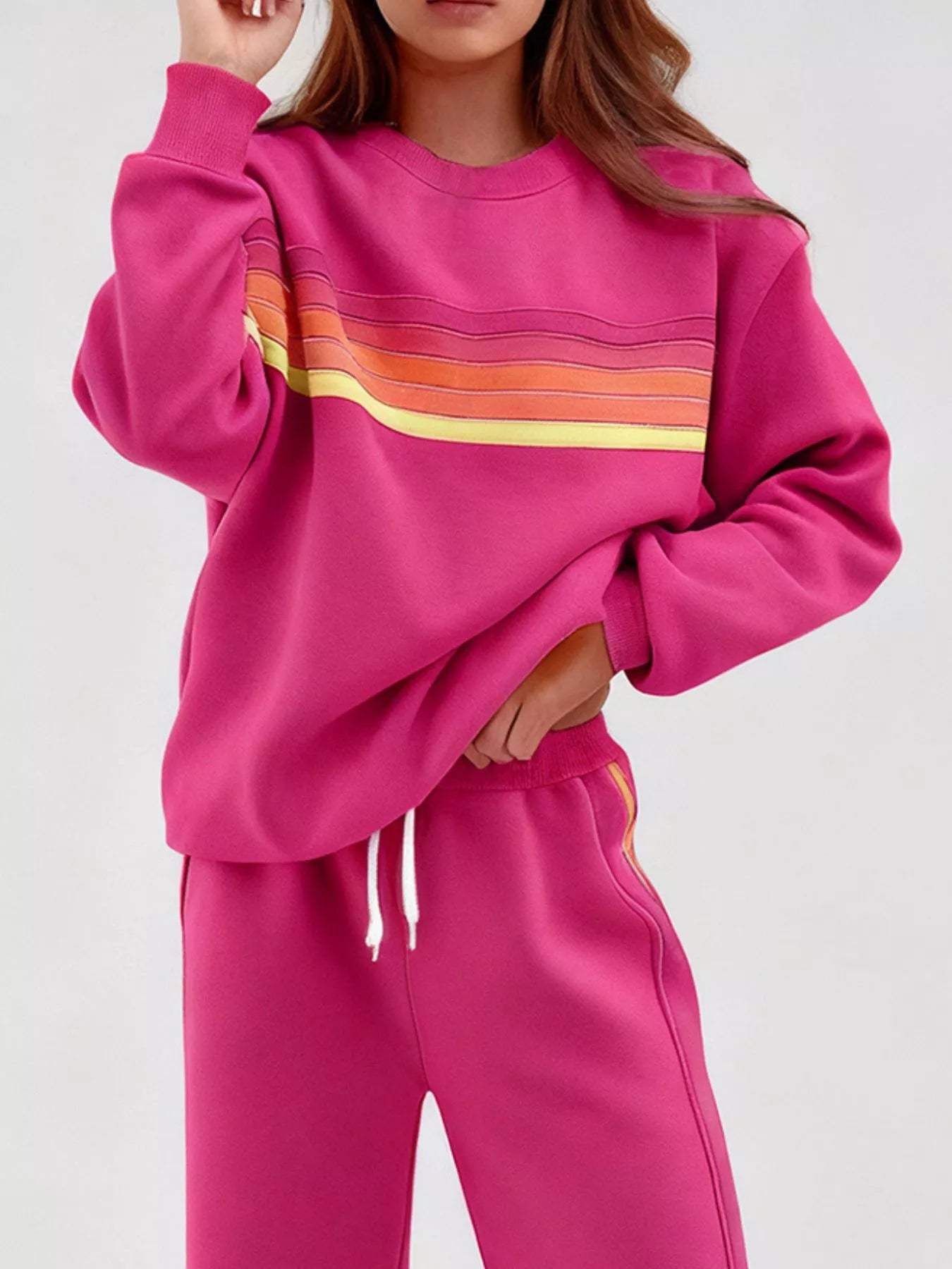 Striped Round Neck Sweatshirt and Pants Set - Trendsi - Flyclothing LLC