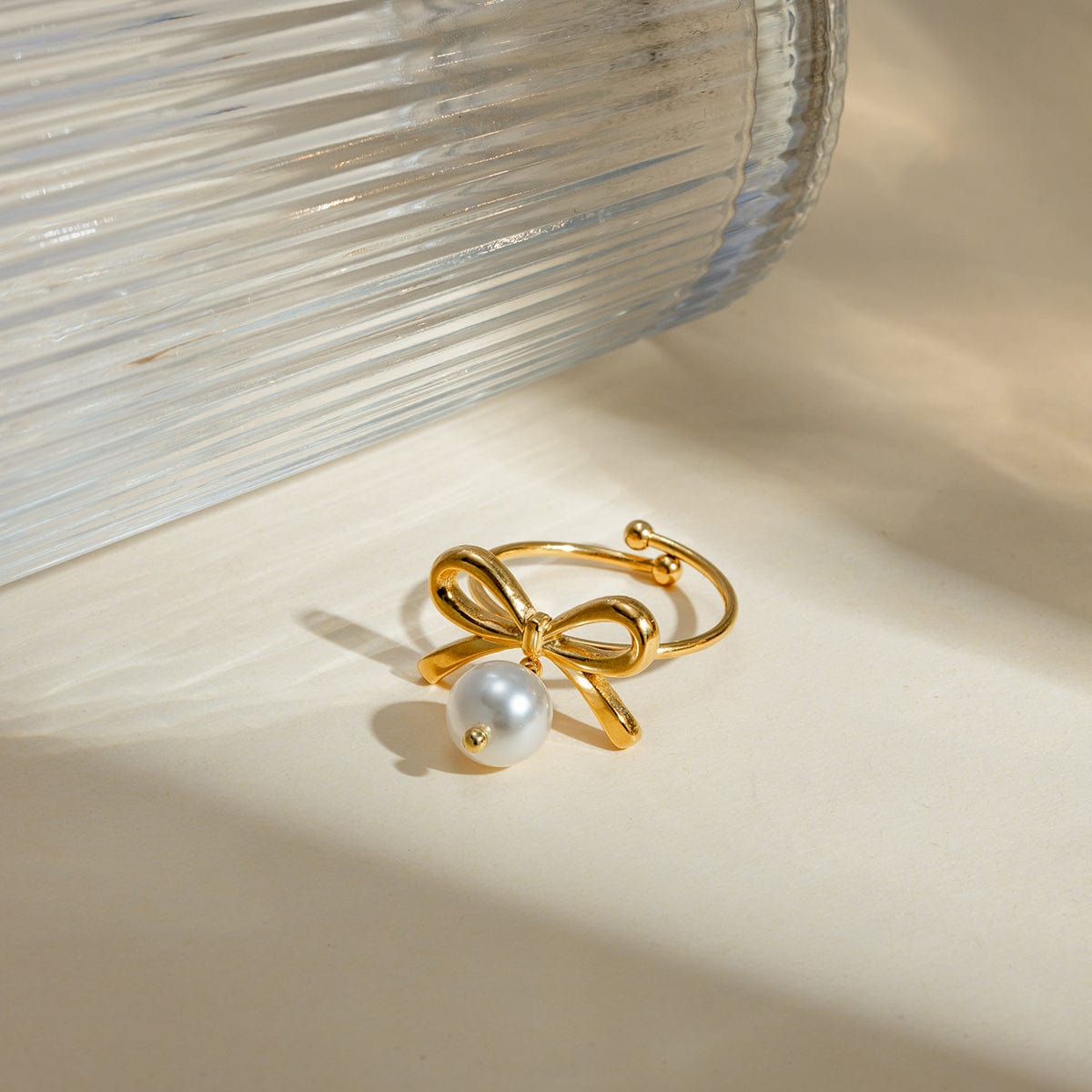 Stainless Steel Pearl Bow Ring Trendsi