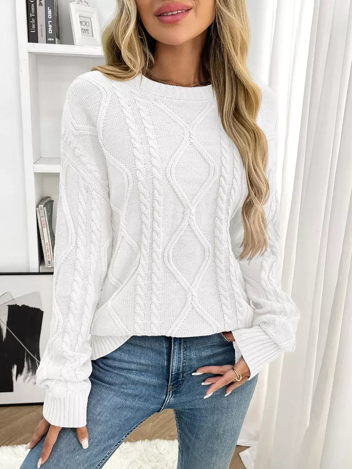 Cable Knit Round Neck Sweater - Trendsi - Flyclothing LLC