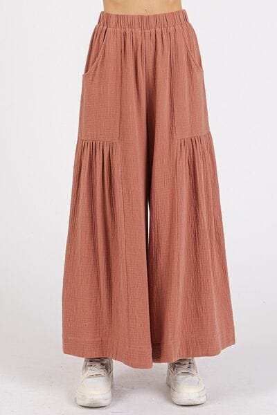 Mittoshop Gauze Elastic Waist Pleated Wide Leg Pants - Trendsi - Flyclothing LLC