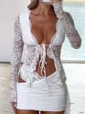 Devine Tied Front Ruffled Long Sleeve Lace Shirt - Trendsi
