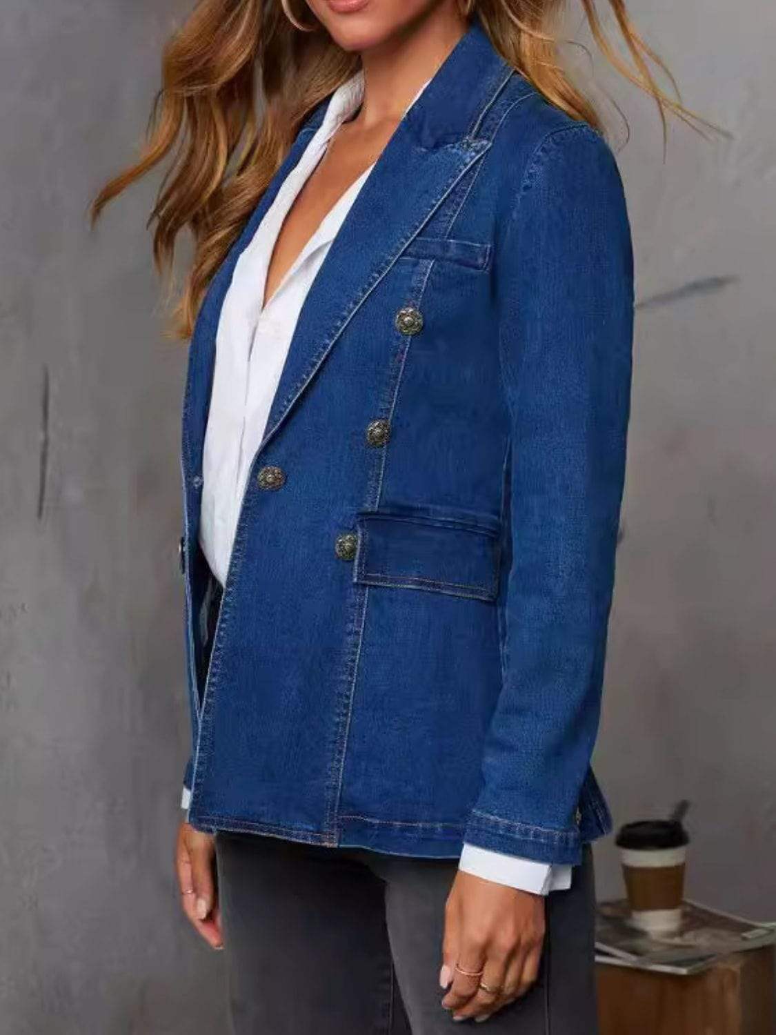 Collared Neck Long Sleeve Denim Jacket - Trendsi - Flyclothing LLC