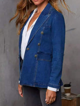 Collared Neck Long Sleeve Denim Jacket - Trendsi - Flyclothing LLC