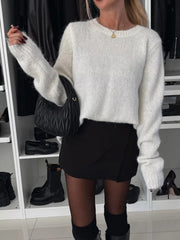 Bow Slit Back Round Neck Sweater - Trendsi