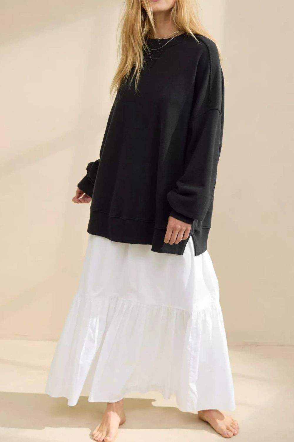 Side Slit Round Neck Long Sleeve Sweatshirt - Trendsi - Flyclothing LLC
