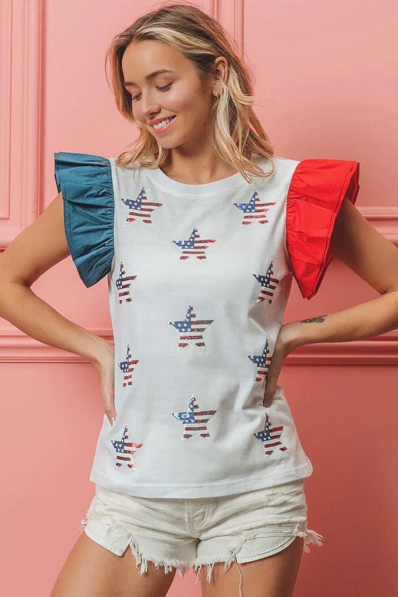 BiBi American Flag Sequin Stars Top - Trendsi - Flyclothing LLC
