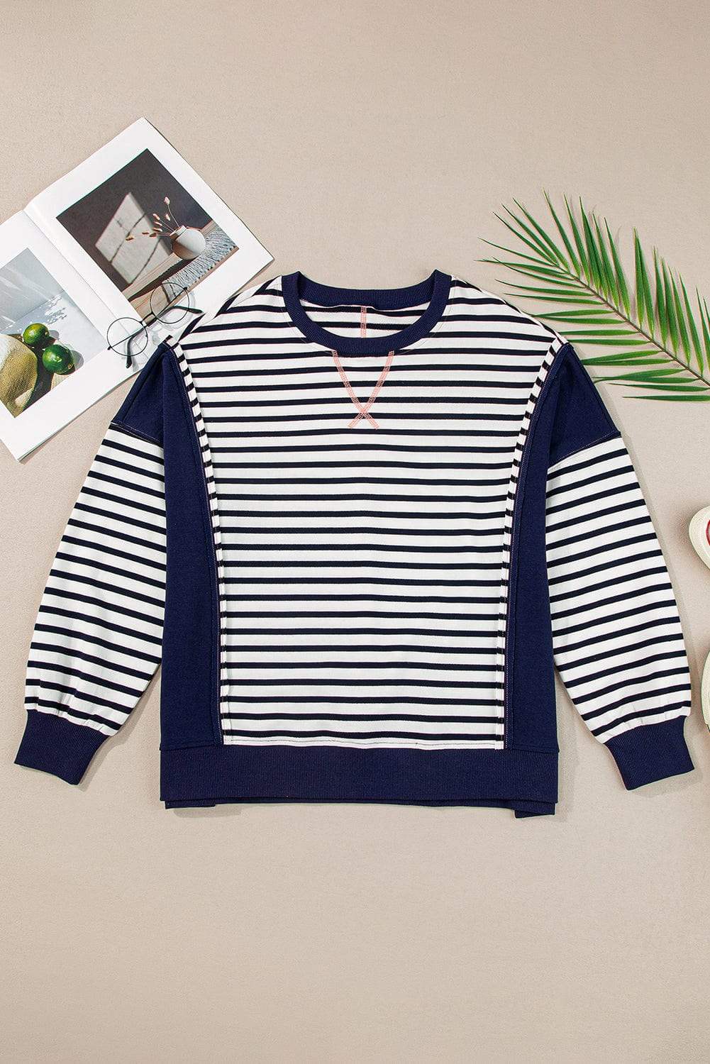 Exposed Seam Striped Long Sleeve Sweatshirt - Trendsi - Flyclothing LLC