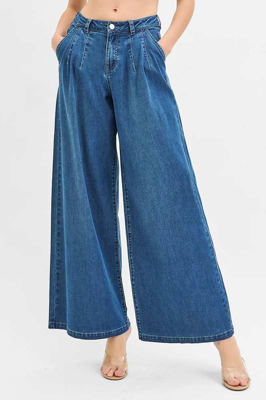 RISEN Mid Rise Fit Wide Leg Knit Denim Look Jeans - Trendsi - Flyclothing LLC