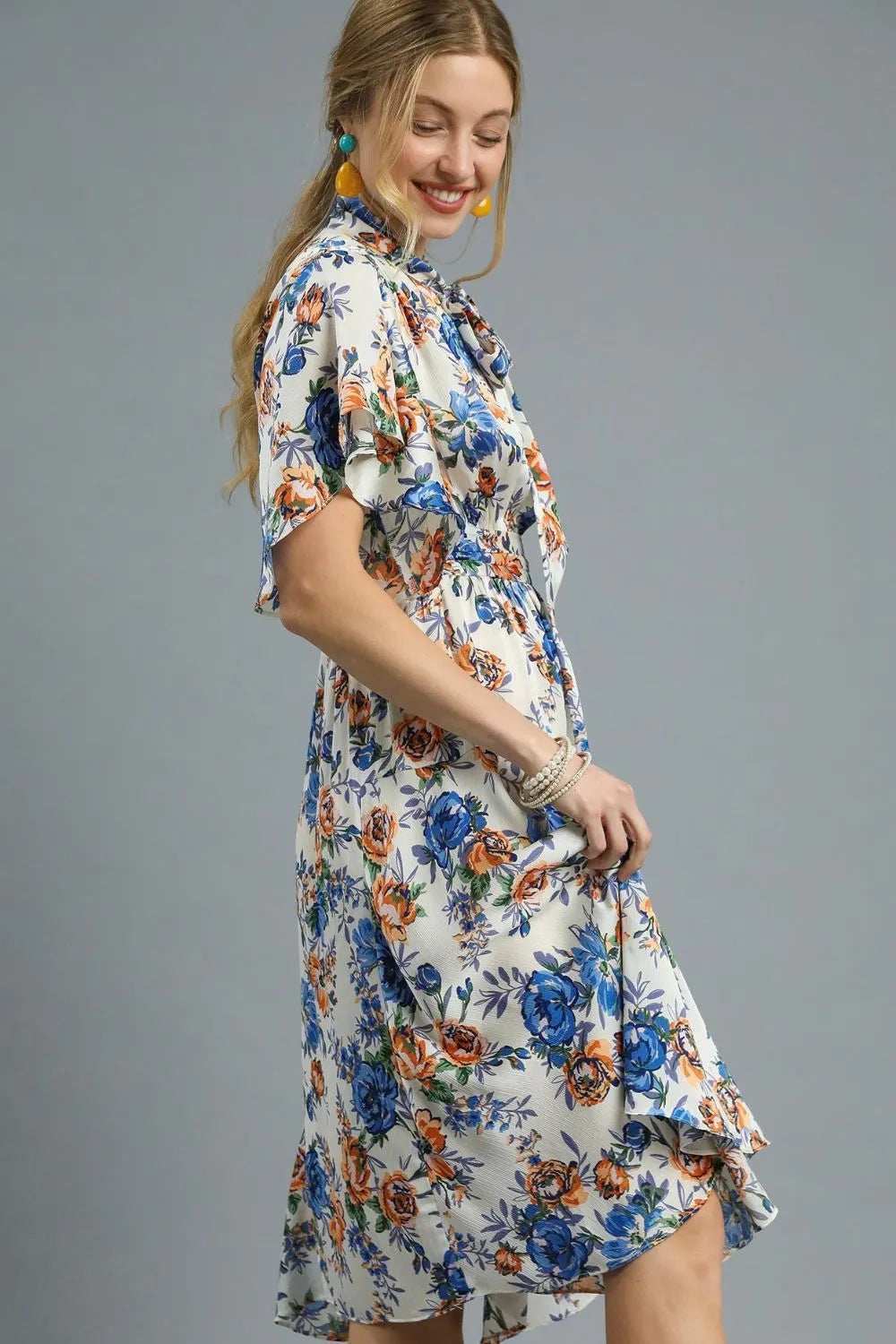 Umgee Floral Print Flutter Sleeve Dress - Trendsi - Flyclothing LLC