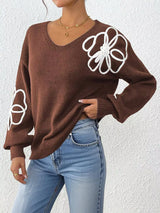 Flower V-Neck Long Sleeve Sweater - Trendsi - Flyclothing LLC