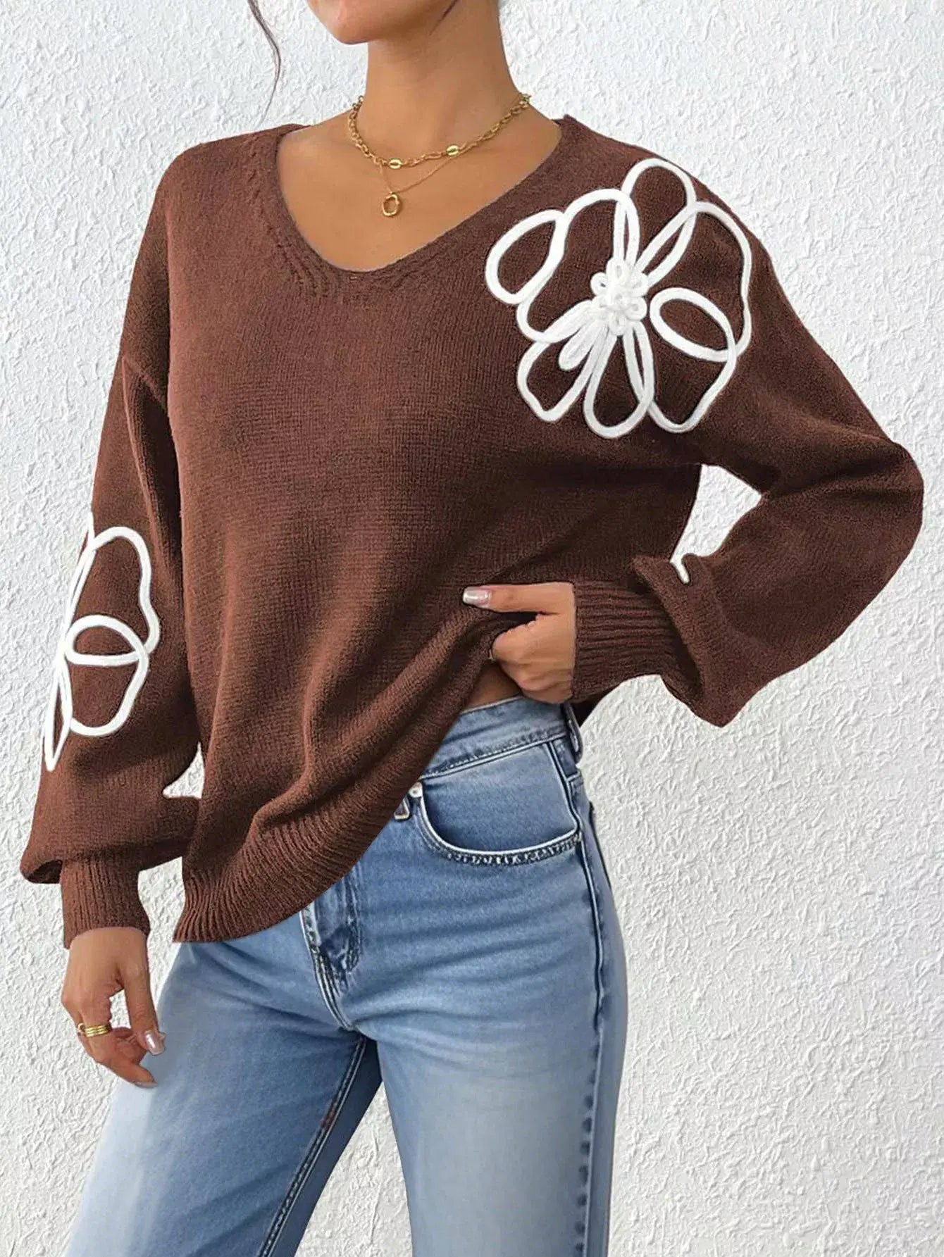 Flower V-Neck Long Sleeve Sweater - Trendsi - Flyclothing LLC