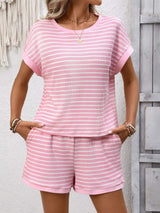 Striped Casual Round Neck Top and Shorts Set - Trendsi - Flyclothing LLC