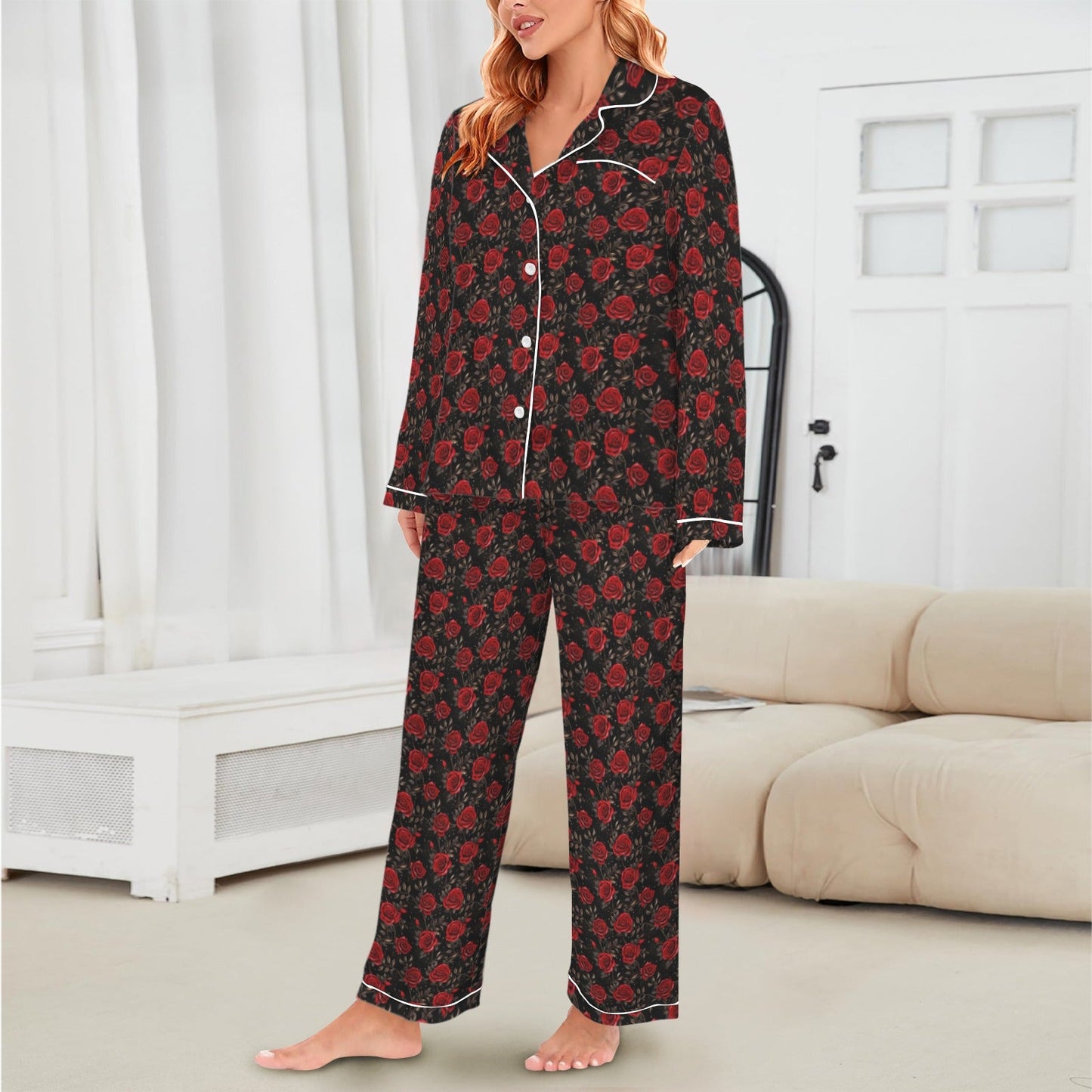Baha Ranch Colores De Mexico Red Roses Satin Pajama Set