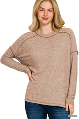 Zenana Full Size Melange Hacci Exposed Seam Hi-low Tee Plus Size - Trendsi - Flyclothing LLC