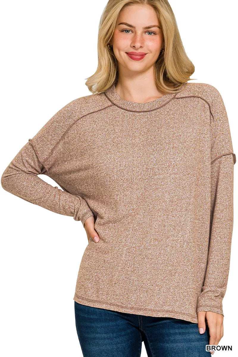 Zenana Full Size Melange Hacci Exposed Seam Hi-low Tee Plus Size - Trendsi - Flyclothing LLC