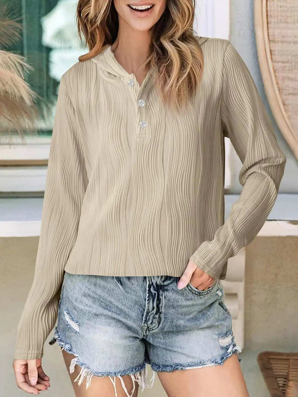 Textured Long Sleeve Hoodie - Trendsi - Flyclothing LLC