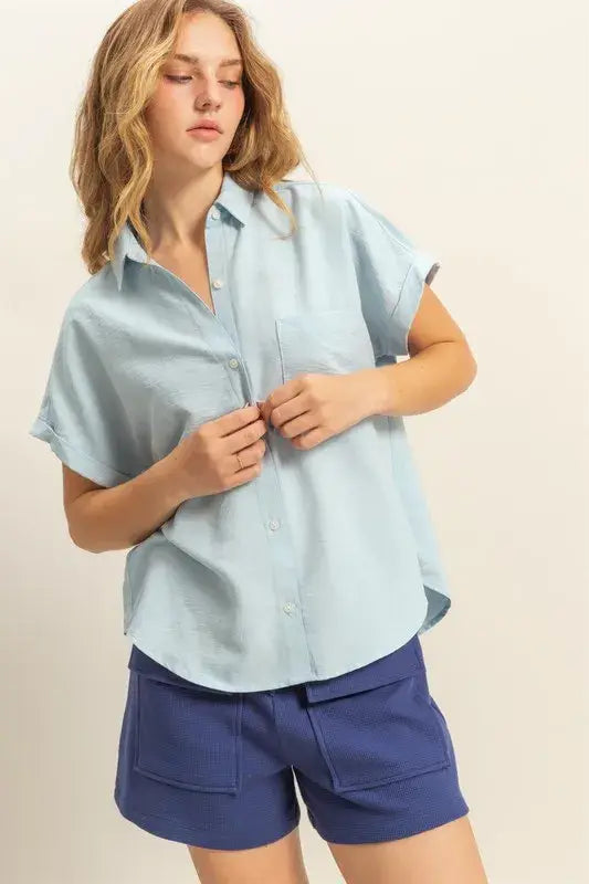 HYFVE Button Down Collared Neck Short Sleeve Shirt - Trendsi - Flyclothing LLC