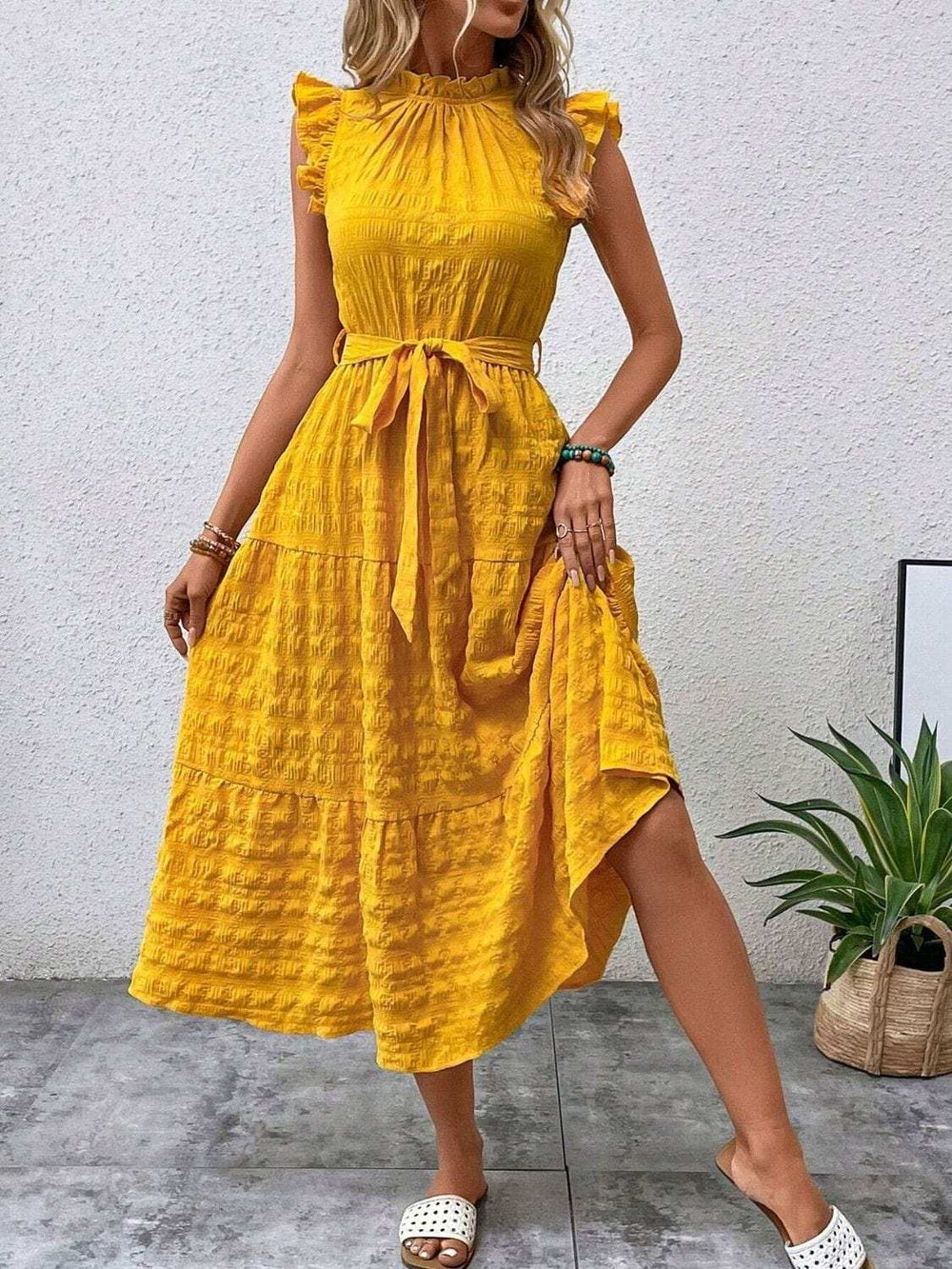 Tied Ruffled Cap Sleeve Midi Dress - Trendsi - Flyclothing LLC