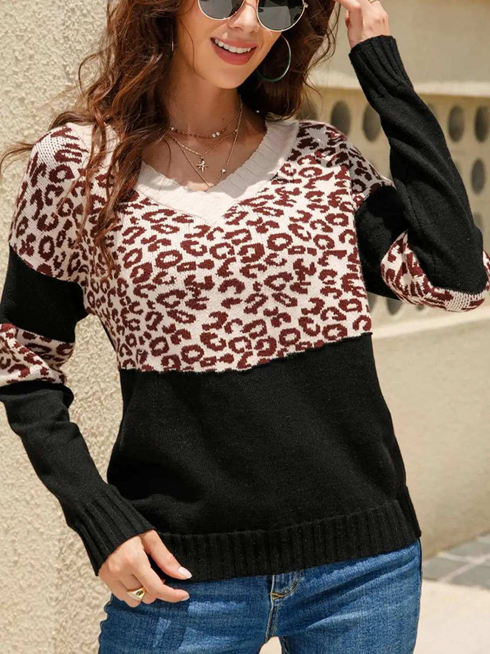 Leopard Long Sleeve Sweater - Trendsi - Flyclothing LLC