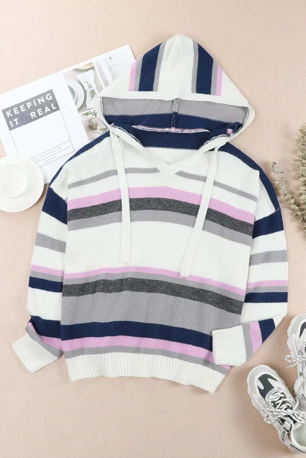 Plus Size Striped Long Sleeve Hooded Sweater - Trendsi - Flyclothing LLC