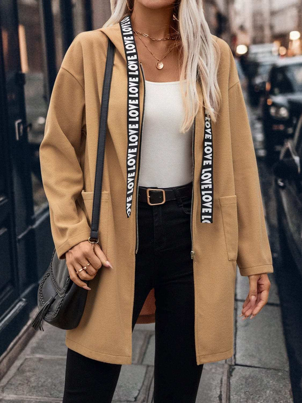 Letter Print Strap Zip Up Hooded Trench Coat - Trendsi - Flyclothing LLC