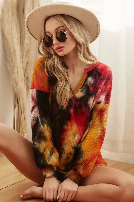BiBi Tie Dye Brushed Waffle Top With Bubble Sleeves - Trendsi - Flyclothing LLC