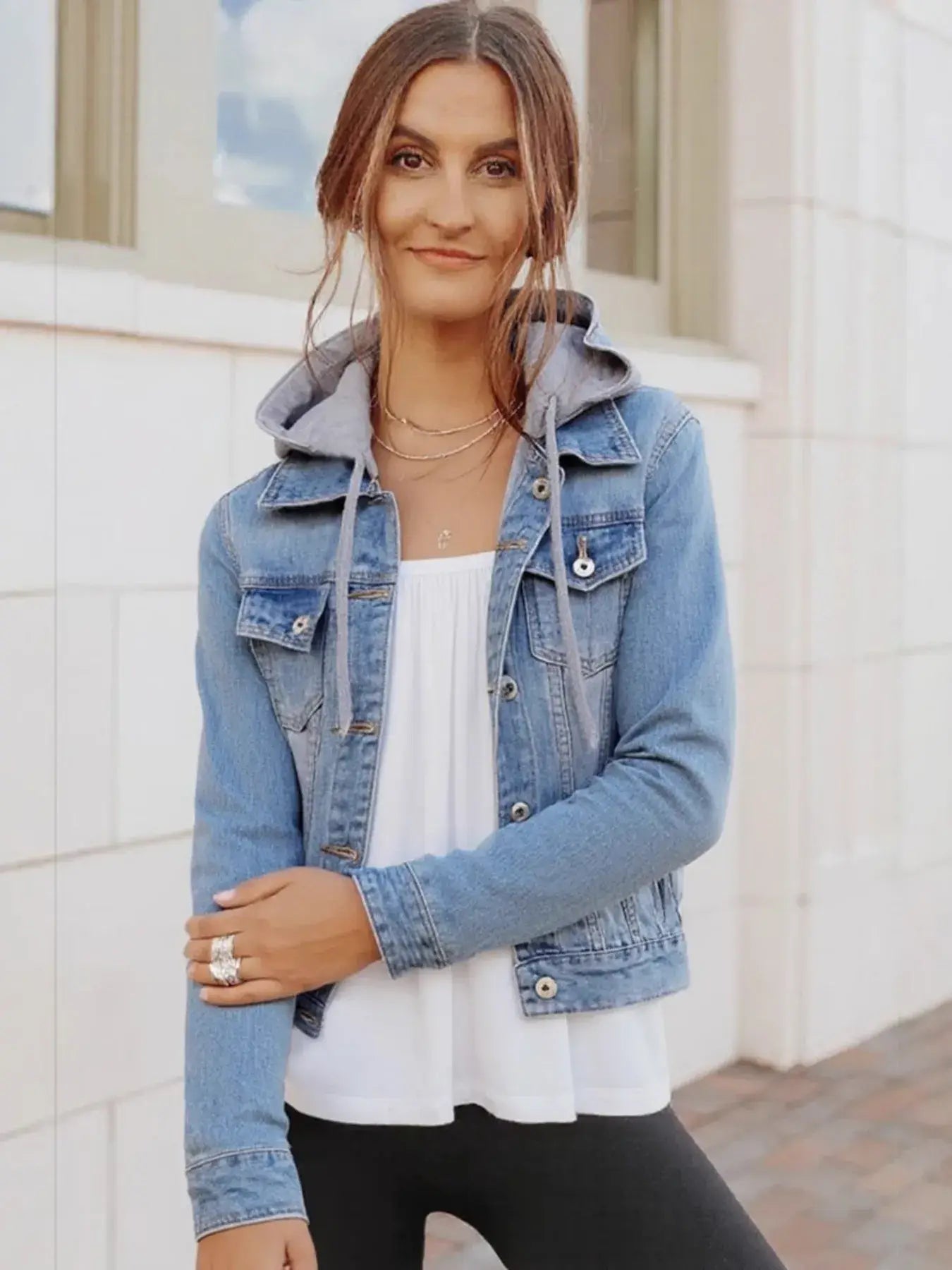 Full Size Button Up Drawstring Hooded Denim Jacket Plus Size - Trendsi - Flyclothing LLC
