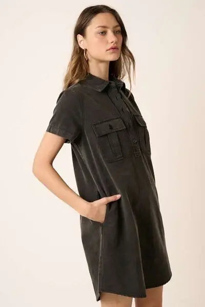 Mittoshop Button Detail Collared Neck Short Sleeve Shirt Dress - Trendsi - Flyclothing LLC
