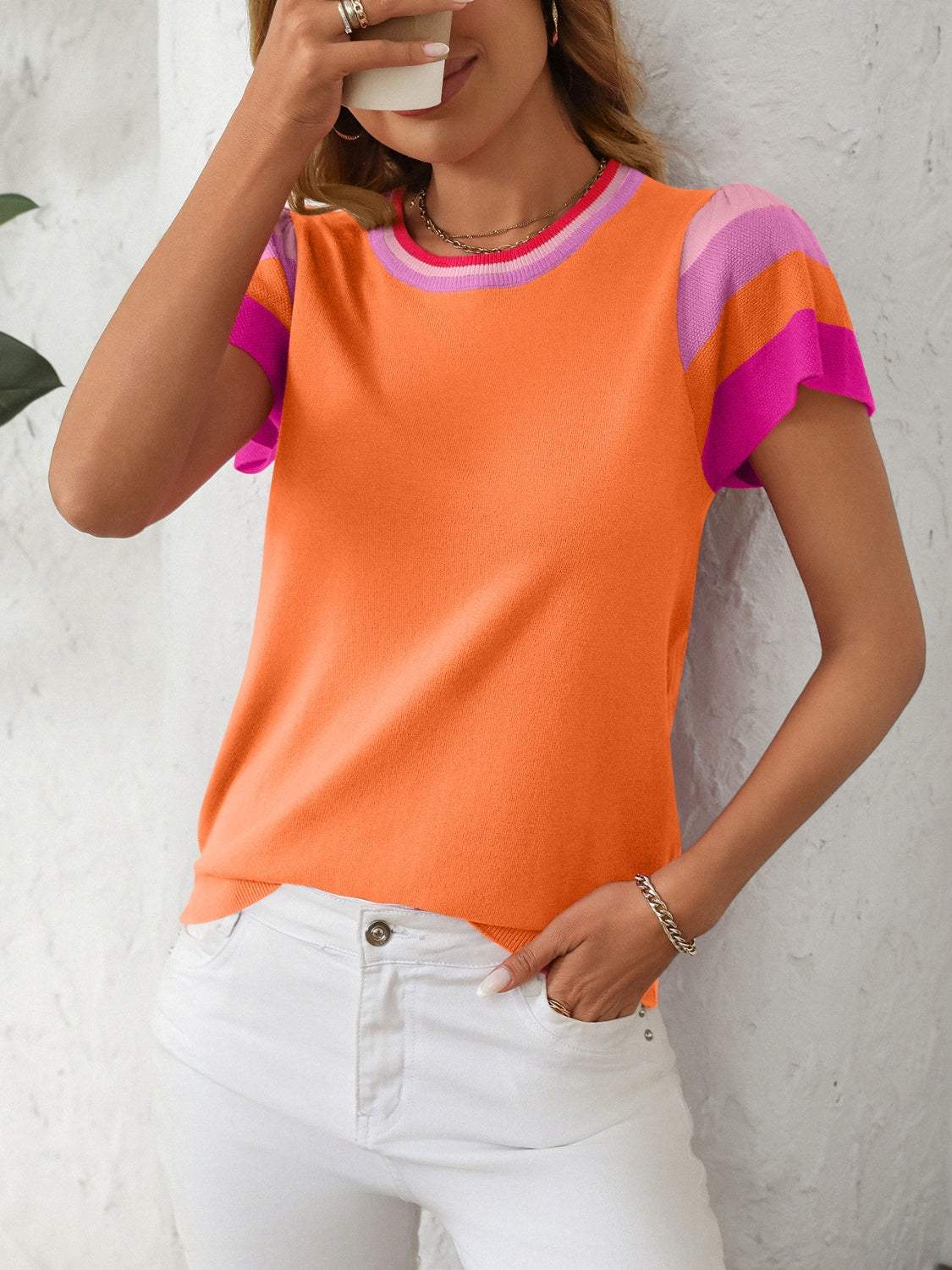 Mandy Contrast Round Neck Short Sleeve Knit Top - Trendsi - Flyclothing LLC