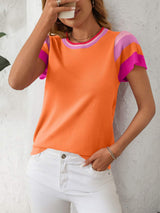 Mandy Contrast Round Neck Short Sleeve Knit Top - Trendsi - Flyclothing LLC