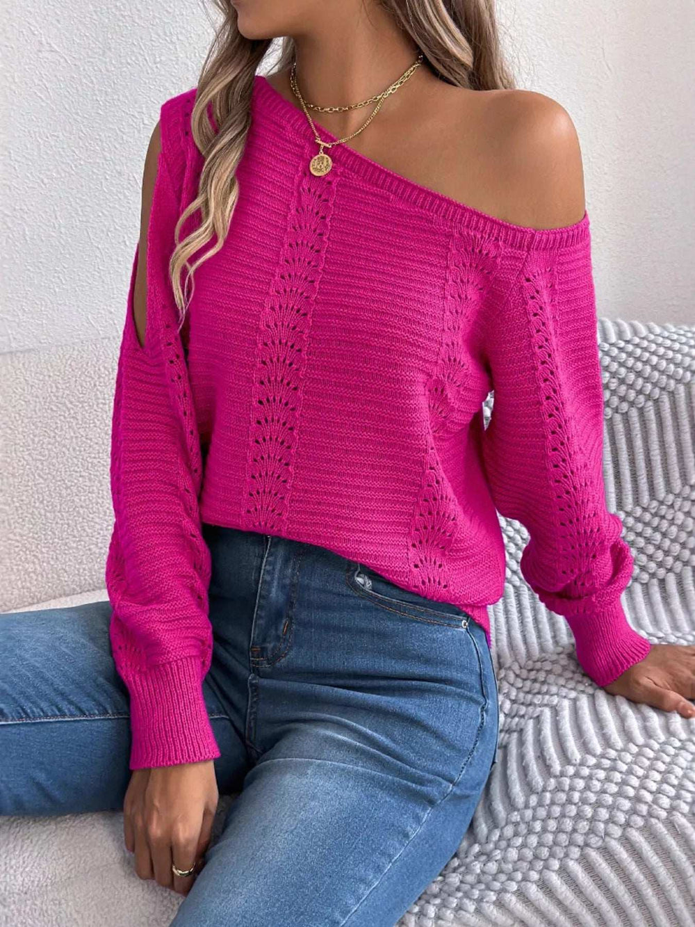 Openwork One Shoulder Cutout Long Sleeve Sweater - Trendsi - Flyclothing LLC