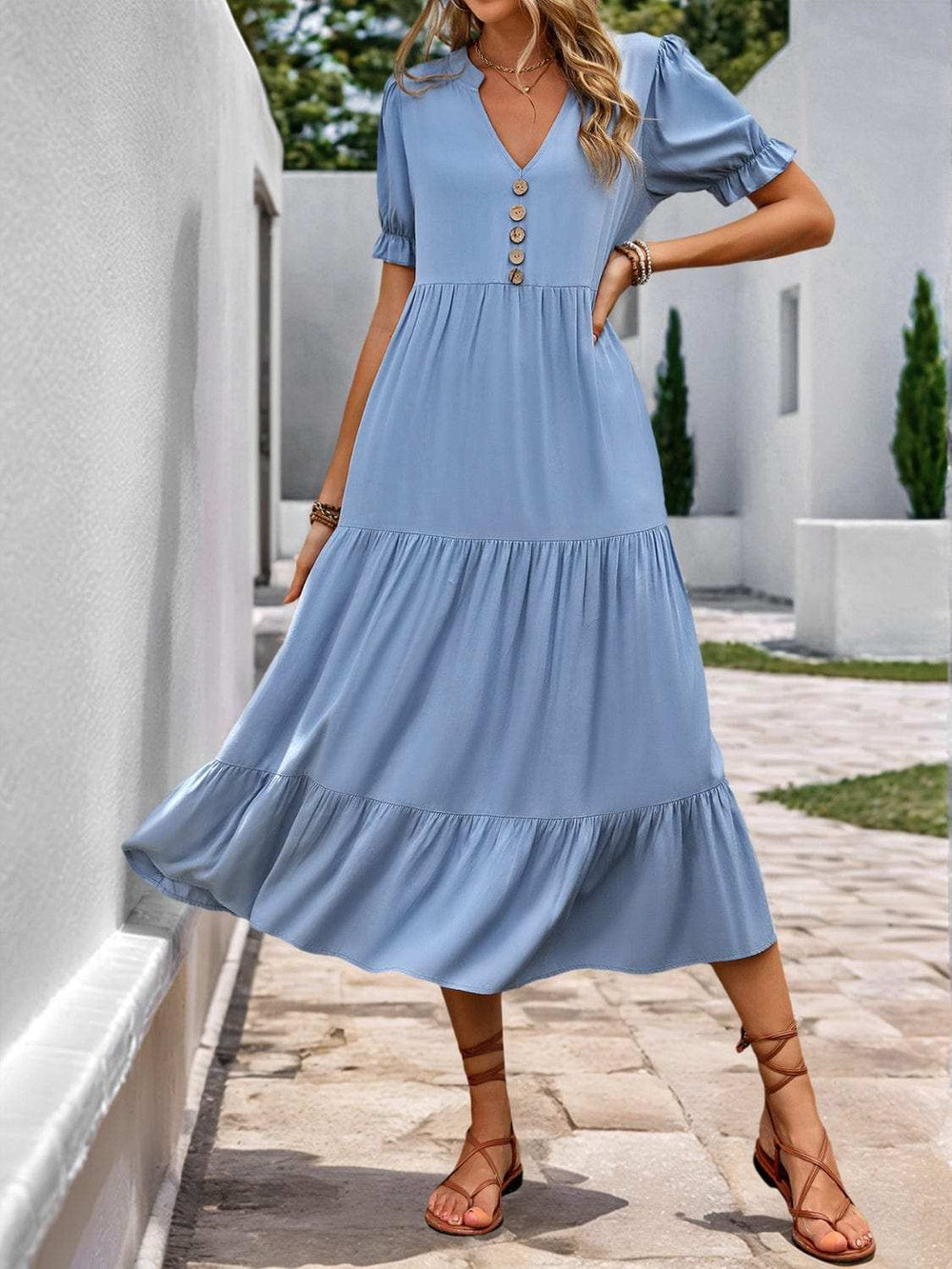 Notched Short Sleeve Tiered Midi Dress - Trendsi - Flyclothing LLC