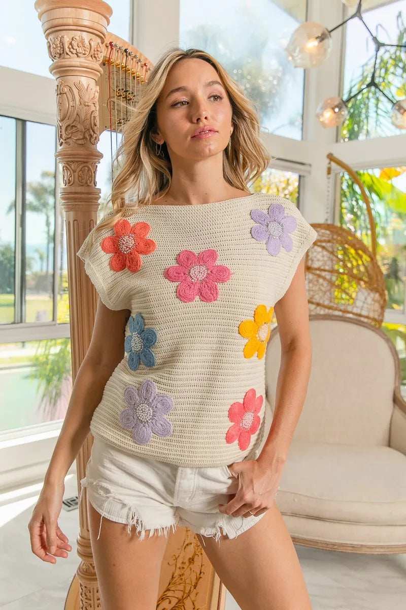BiBi Multi Jeweled Crochet Flower Patch Sweater Vest - Trendsi - Flyclothing LLC
